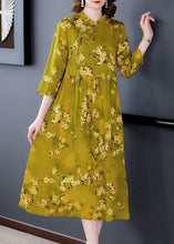 Load image into Gallery viewer, Elegant Green Stand Collar Print Silk Cheongsam Dress Bracelet Sleeve