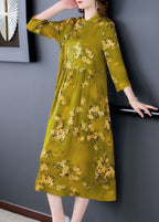 Elegant Green Stand Collar Print Silk Cheongsam Dress Bracelet Sleeve