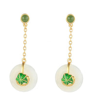 Load image into Gallery viewer, Elegant Green Sterling Silver Overgild Jade Lotus Drop Earrings