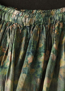 Elegant Green Wrinkled Pockets Patchwork Linen Skirts Summer