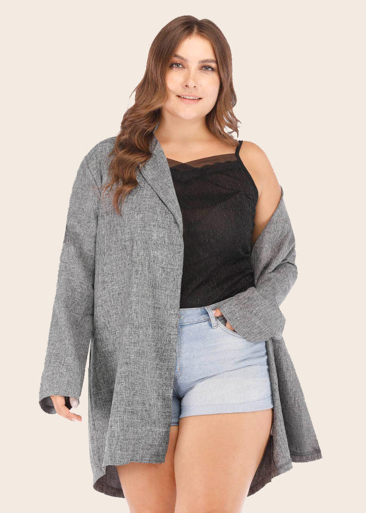 Elegant Grey Notched Patchwork Long Cardigan Fall