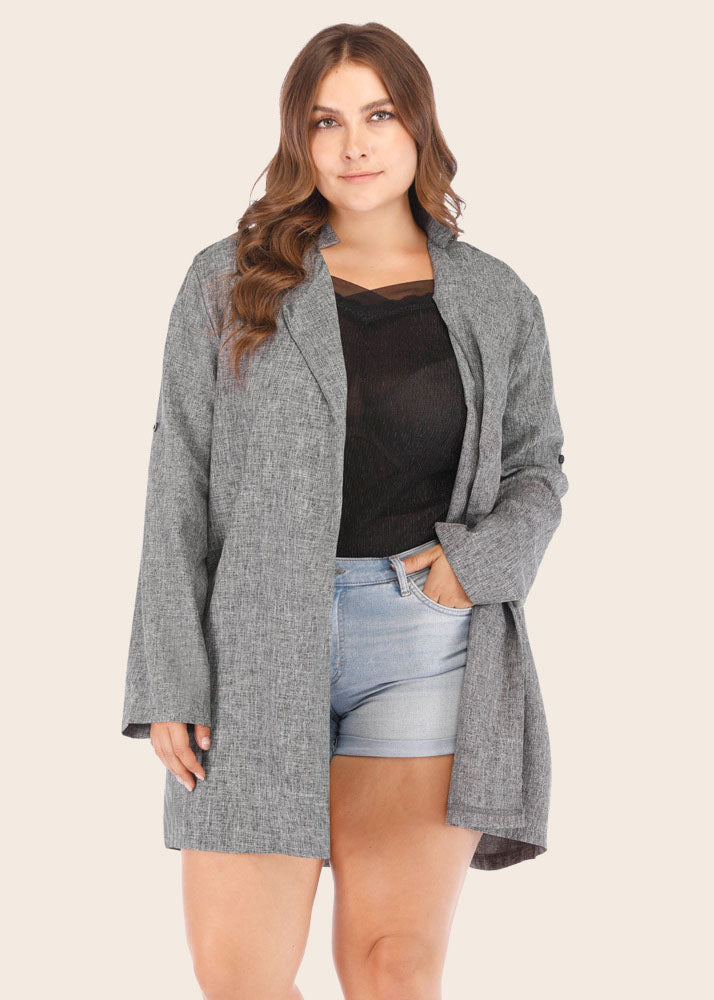 Elegant Grey Notched Patchwork Long Cardigan Fall
