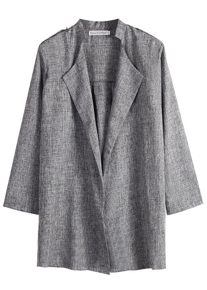Elegant Grey Notched Patchwork Long Cardigan Fall