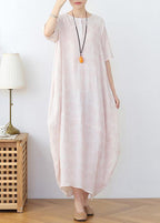 Elegant Iight Pink Floral Linen Summer Dress