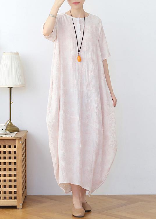 Elegant Iight Pink Floral Linen Summer Dress