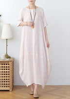 Elegant Iight Pink Floral Linen Summer Dress
