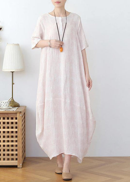 Elegant Iight Pink Floral Linen Summer Dress