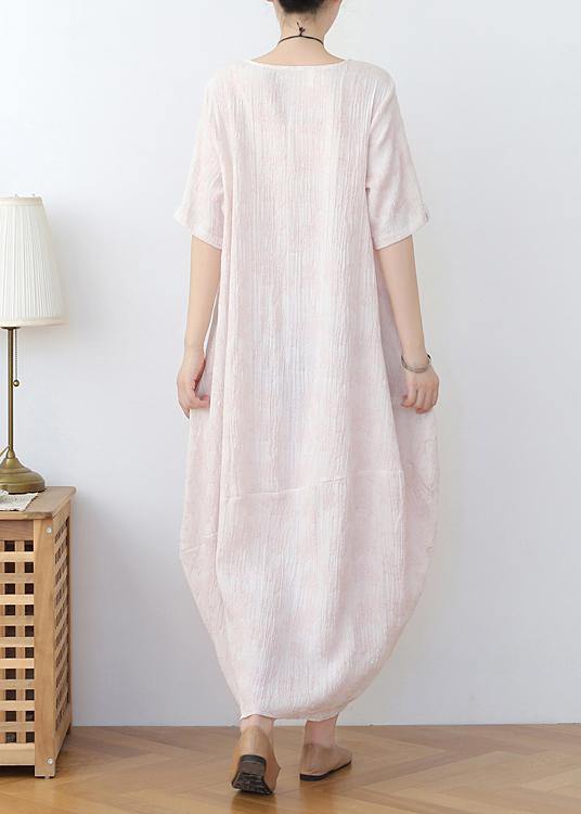 Elegant Iight Pink Floral Linen Summer Dress