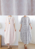 Elegant Iight Pink Floral Linen Summer Dress