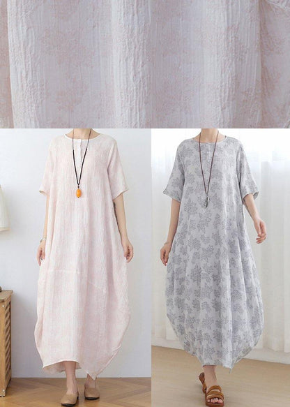 Elegant Iight Pink Floral Linen Summer Dress