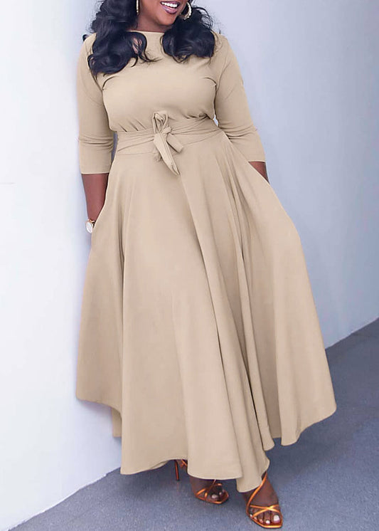 Elegant Khaki Tie Waist Patchwork Cotton Dresses Bracelet Sleeve