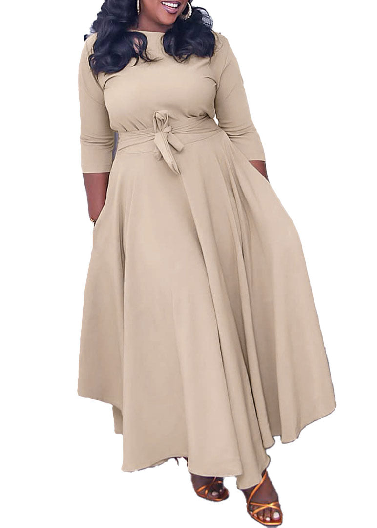 Elegant Khaki Tie Waist Patchwork Cotton Dresses Bracelet Sleeve