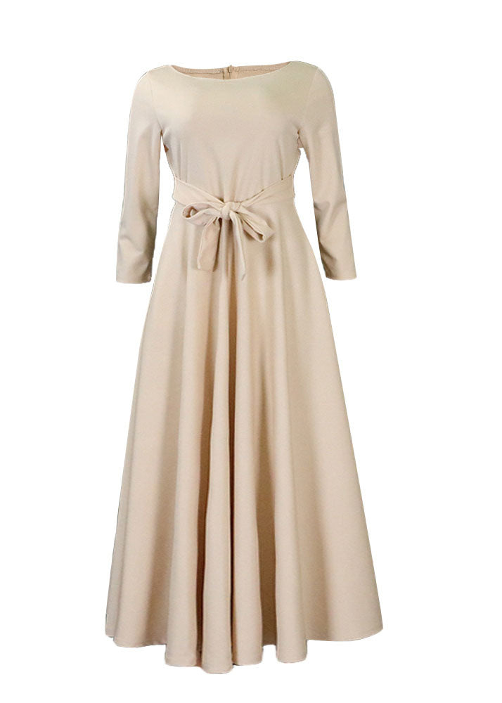 Elegant Khaki Tie Waist Patchwork Cotton Dresses Bracelet Sleeve