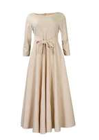 Elegant Khaki Tie Waist Patchwork Cotton Dresses Bracelet Sleeve