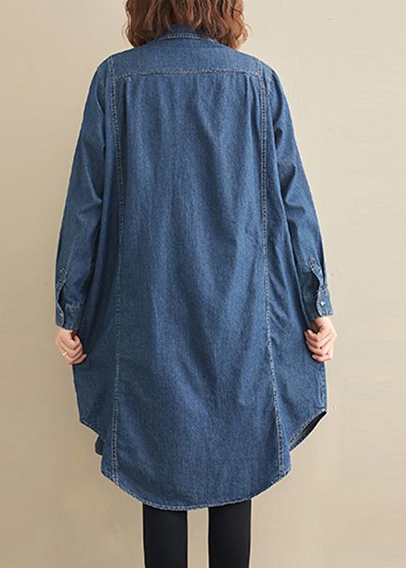 Elegant Lapel Patchwork Top Pattern Denim Blue Top