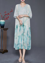 Elegant Light Green Tie Dye Wrinkled Chiffon A Line Dresses Summer