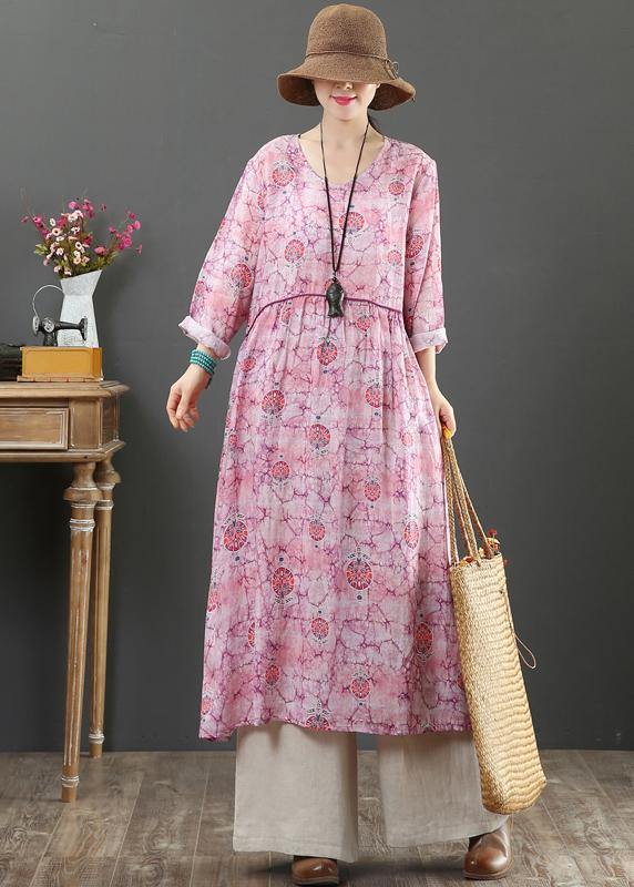 Elegant O Neck Cinched Spring Tunics Photography Pink Print Maxi Dresses