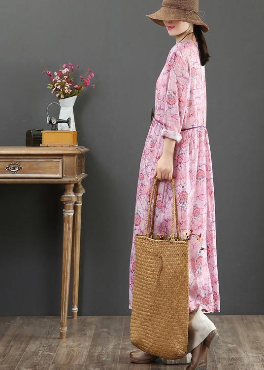 Elegant O Neck Cinched Spring Tunics Photography Pink Print Maxi Dresses