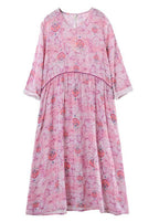 Elegant O Neck Cinched Spring Tunics Photography Pink Print Maxi Dresses