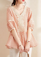 Elegant Orange V Neck Print Cotton Blouses Summer