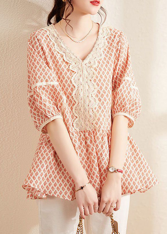 Elegant Orange V Neck Print Cotton Blouses Summer