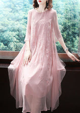 Load image into Gallery viewer, Elegant Pink Embroideried Exra Large Hem Chiffon Dress Summer