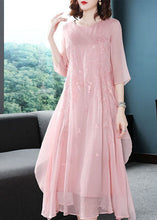 Load image into Gallery viewer, Elegant Pink Embroideried Exra Large Hem Chiffon Dress Summer