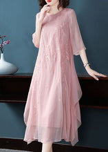 Load image into Gallery viewer, Elegant Pink Embroideried Exra Large Hem Chiffon Dress Summer