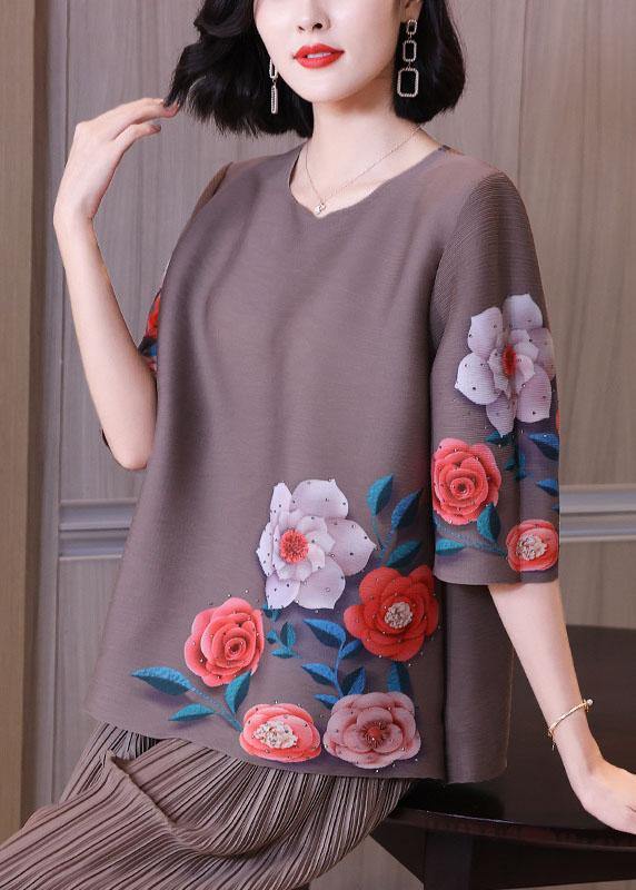 Elegant Pink Floral Short Sleeve Blouse Tops