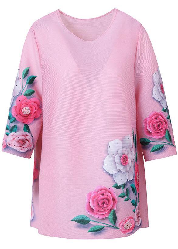 Elegant Pink Floral Short Sleeve Blouse Tops