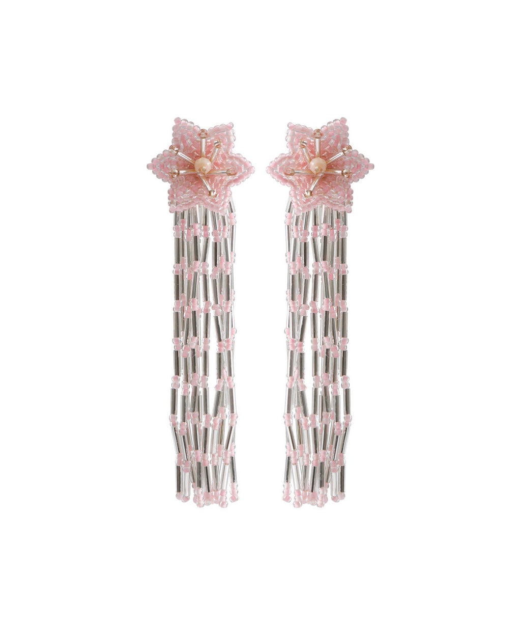 Elegant Pink Hand Knitting Rice Ball Floral Tassel Drop Earrings
