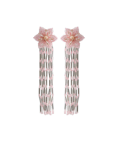 Elegant Pink Hand Knitting Rice Ball Floral Tassel Drop Earrings