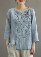 Elegant Pink O-Neck Button Embroideried Fall Linen Long Sleeve Top
