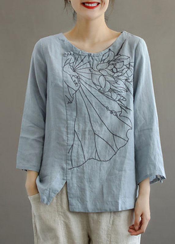 Elegant Pink O-Neck Button Embroideried Fall Linen Long Sleeve Top