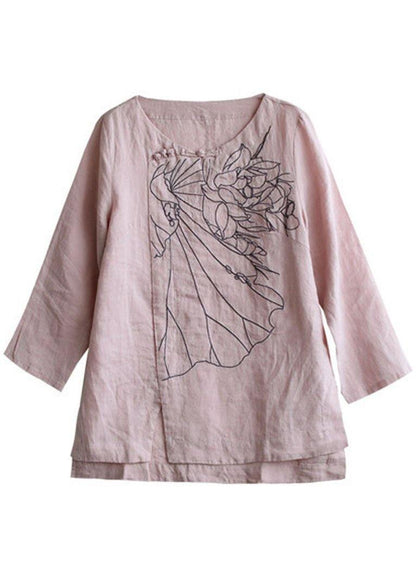 Elegant Pink O-Neck Button Embroideried Fall Linen Long Sleeve Top