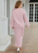 Elegant Pink O-Neck Crystal Wrinkled Patchwork Chiffon Two Pieces Set Long Sleeve