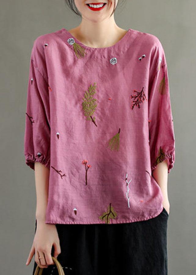 Elegant Pink O-Neck Embroideried Summer Linen Blouses
