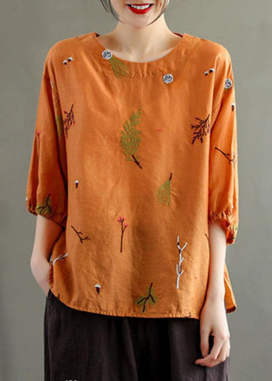 Elegant Pink O-Neck Embroideried Summer Linen Blouses