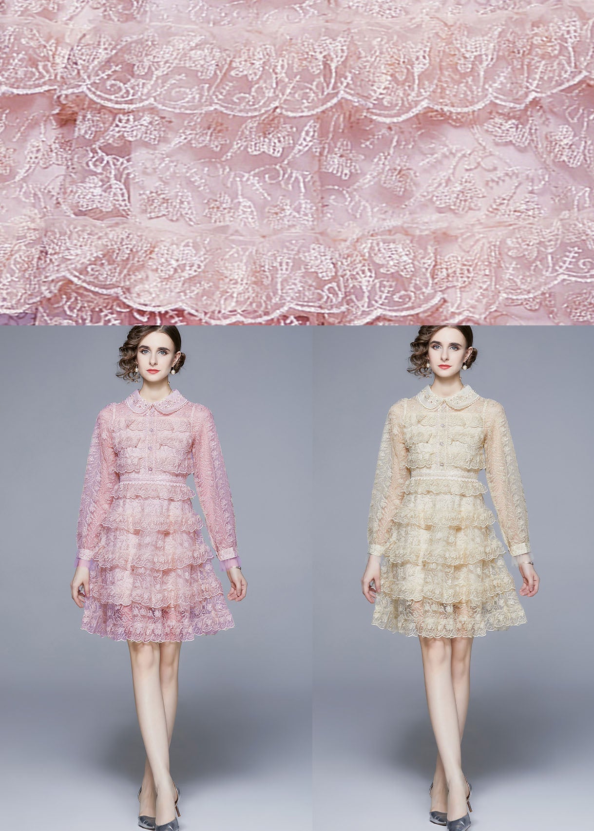 Elegant Pink Peter Pan Collar Ruffles Patchwork Mid Dress Long Sleeve