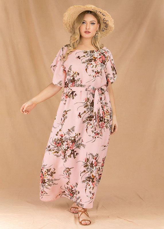 Elegant Pink Print Tie Waist Patchwork Chiffon Long Dresses Flare Sleeve