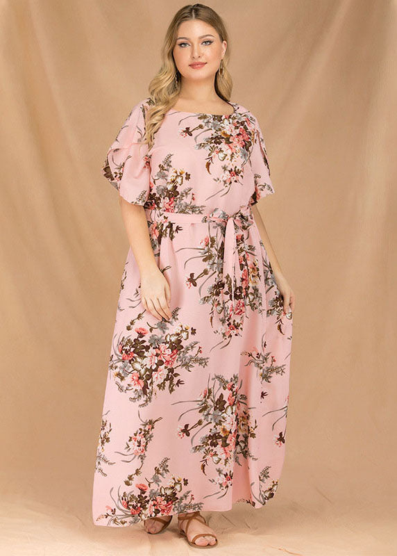 Elegant Pink Print Tie Waist Patchwork Chiffon Long Dresses Flare Sleeve