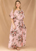 Elegant Pink Print Tie Waist Patchwork Chiffon Long Dresses Flare Sleeve