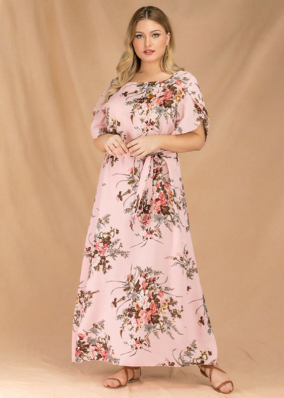 Elegant Pink Print Tie Waist Patchwork Chiffon Long Dresses Flare Sleeve