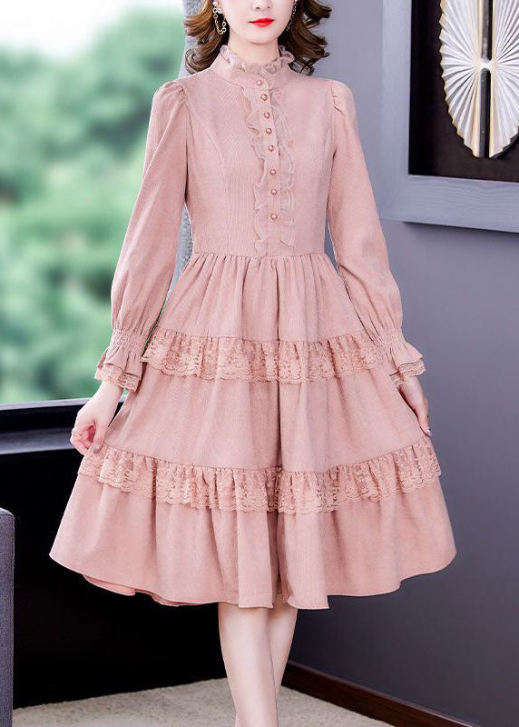 Elegant Pink Ruffled Lace Patchwork Exra Large Hem Silk Velour Dress Spring