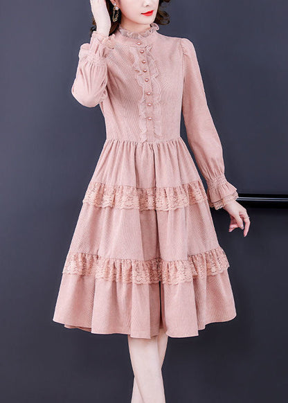 Elegant Pink Ruffled Lace Patchwork Exra Large Hem Silk Velour Dress Spring