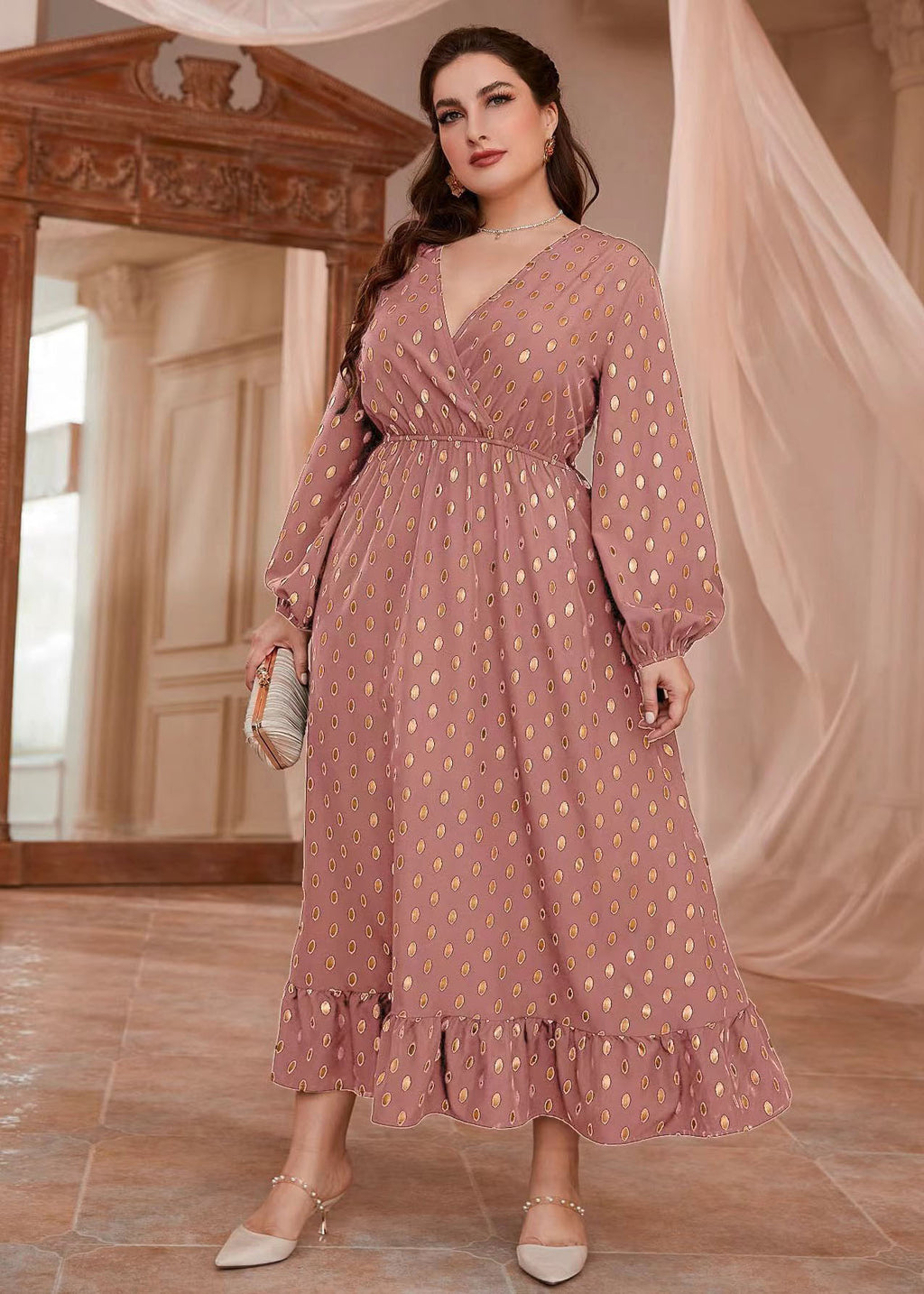 Elegant Pink V Neck Print Elastic Waist Vacation Chiffon Maxi Dresses Long Sleeve