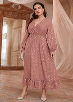 Elegant Pink V Neck Print Elastic Waist Vacation Chiffon Maxi Dresses Long Sleeve