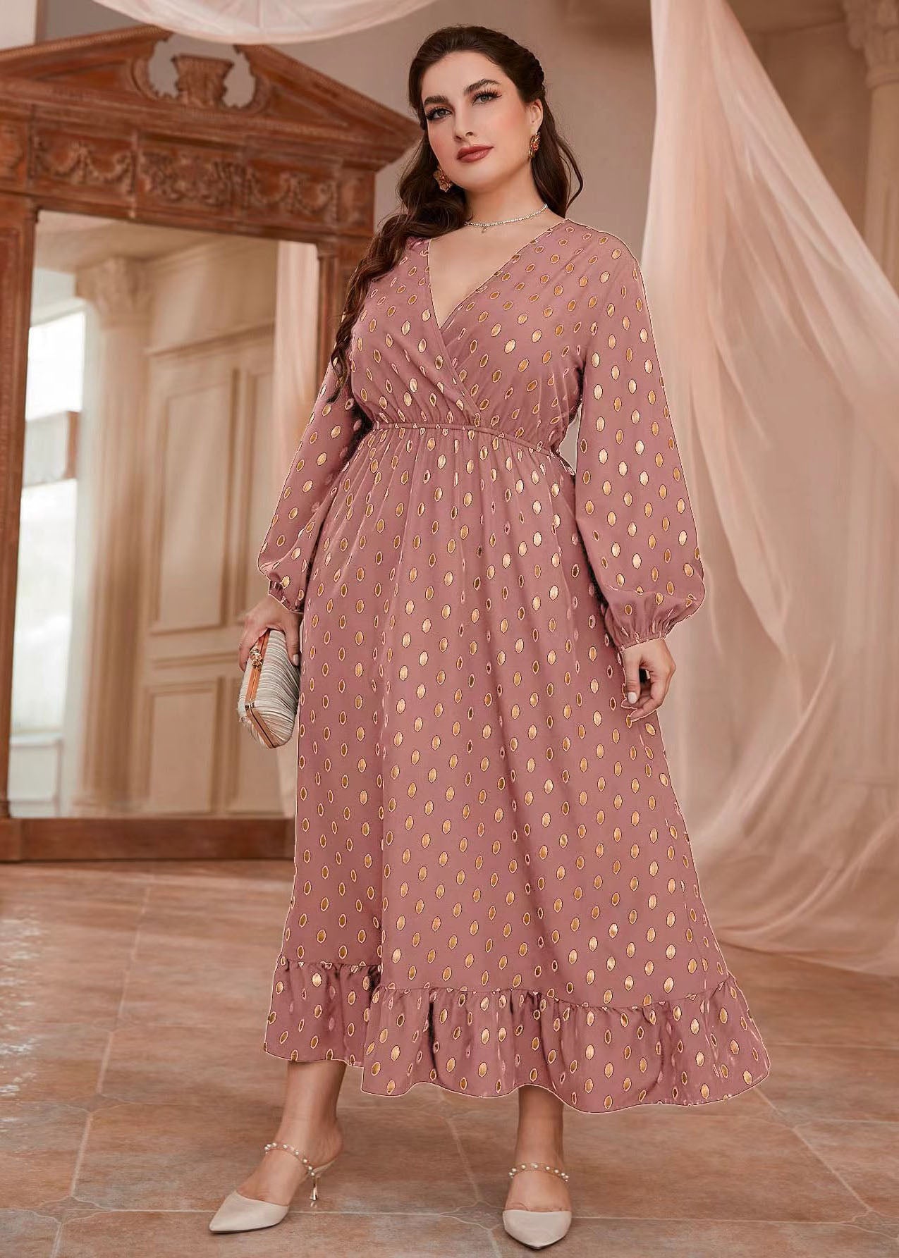 Elegant Pink V Neck Print Elastic Waist Vacation Chiffon Maxi Dresses Long Sleeve