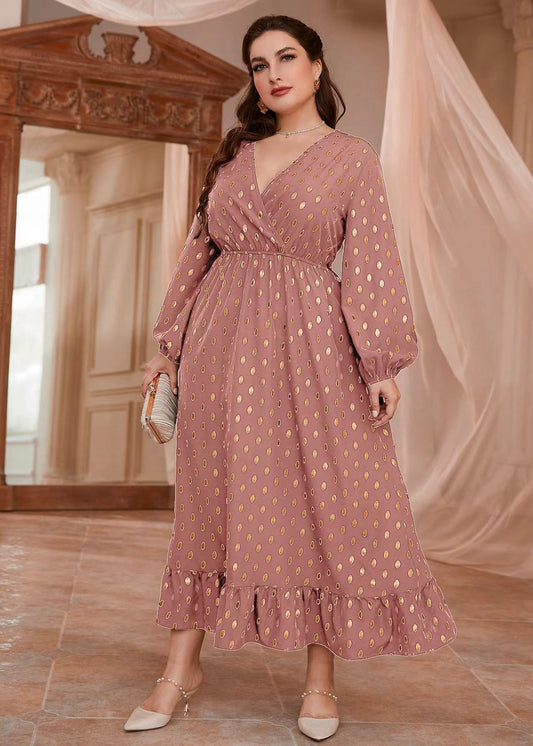 Elegant Pink V Neck Print Elastic Waist Vacation Chiffon Maxi Dresses Long Sleeve