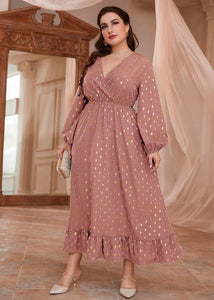 Elegant Pink V Neck Print Elastic Waist Vacation Chiffon Maxi Dresses Long Sleeve